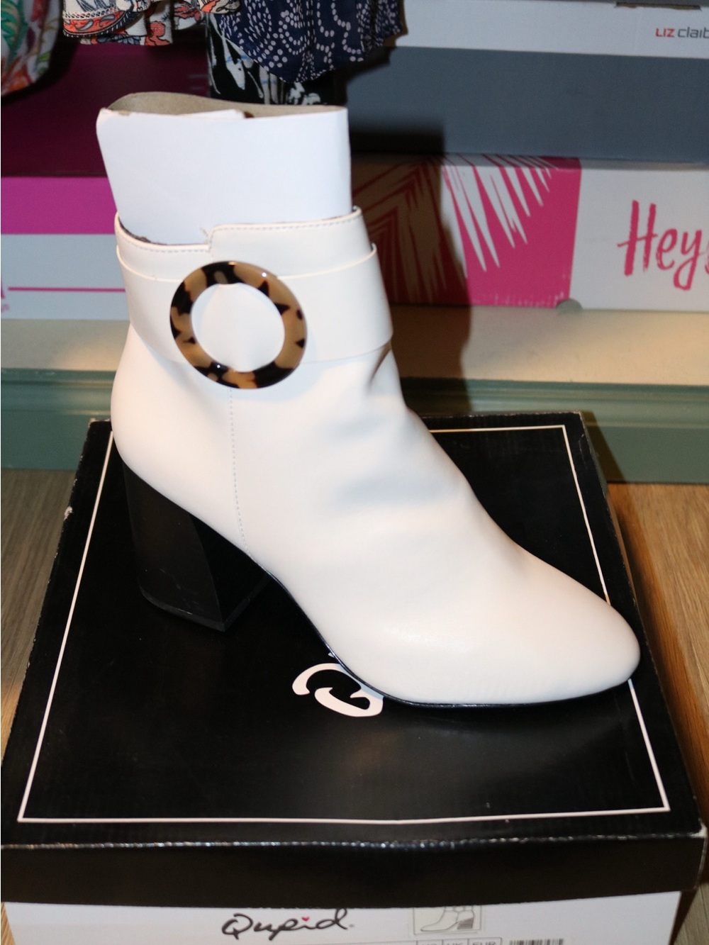 White Ankle Boot with Tortoiseshell Buckle